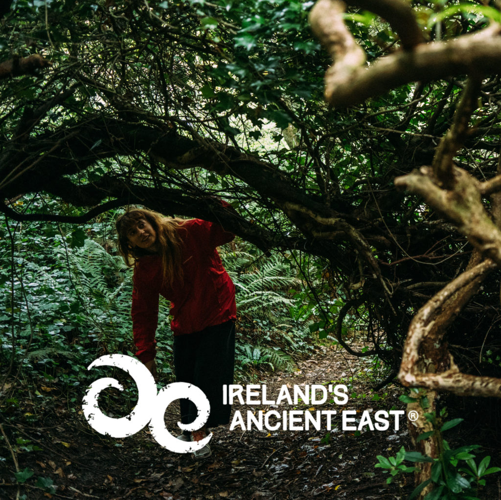 Explorer in lush Irish forest, promoting Ireland's Ancient East tourism campaign.